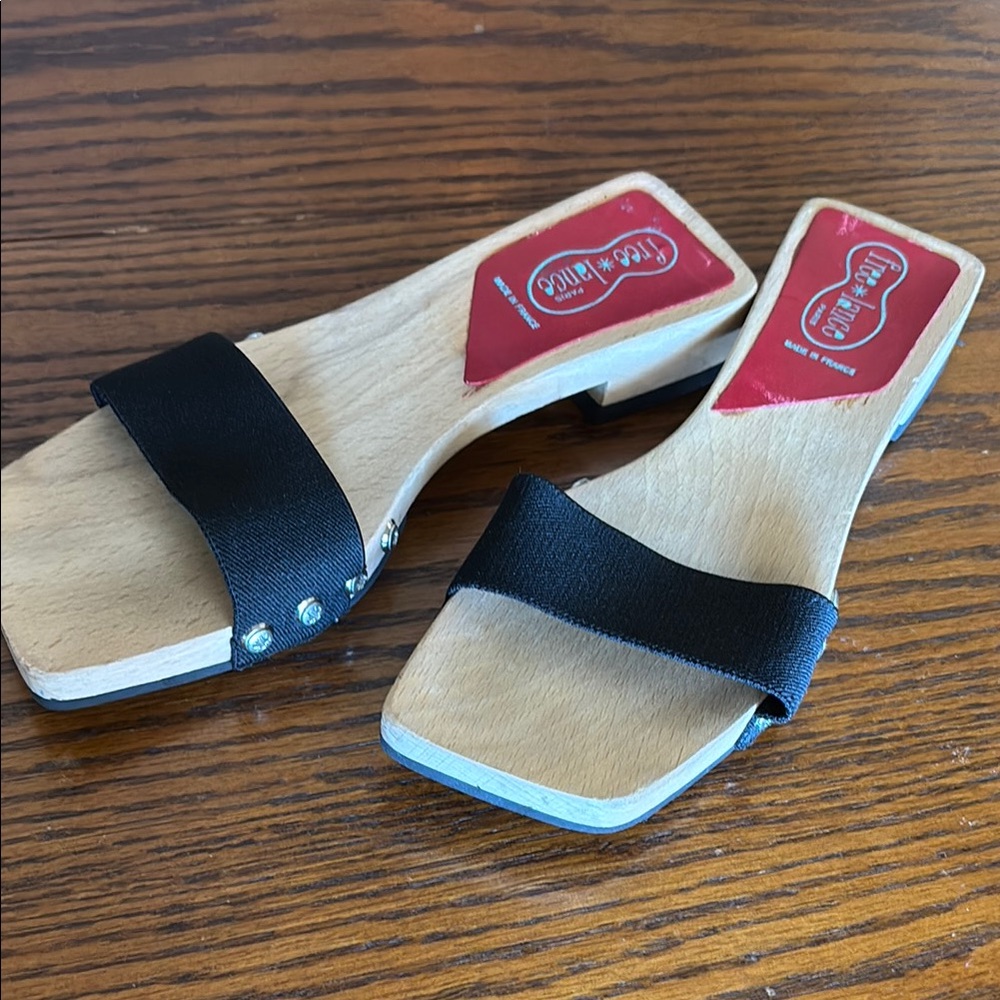 french free lance Black  Wooden Mules with Modern Design EUC sz 8